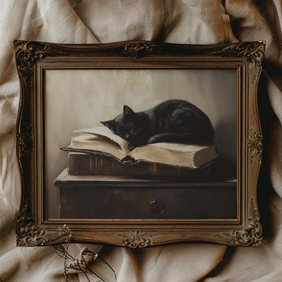 Black Cat Dark Academia, Vintage Book Art Print