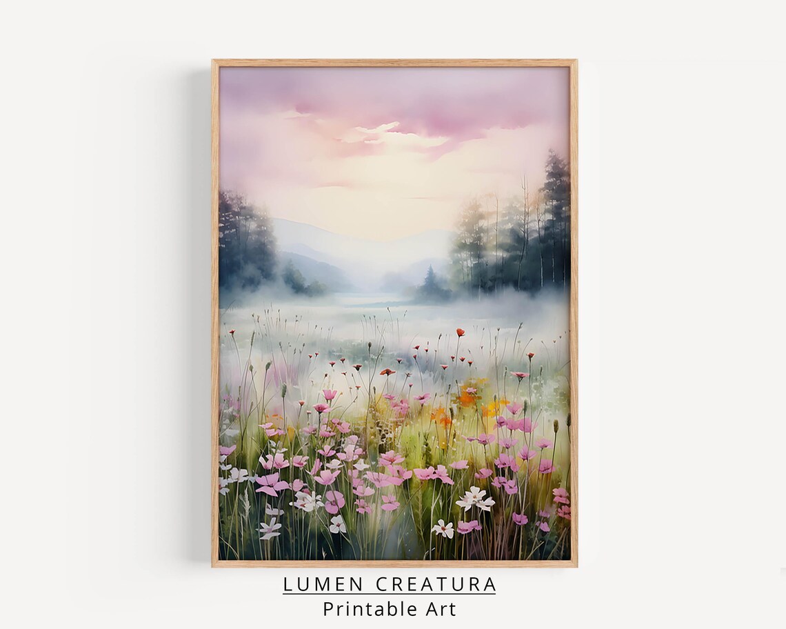 Meadow Watercolor Painting, Farmhouse Landscape - Image 3