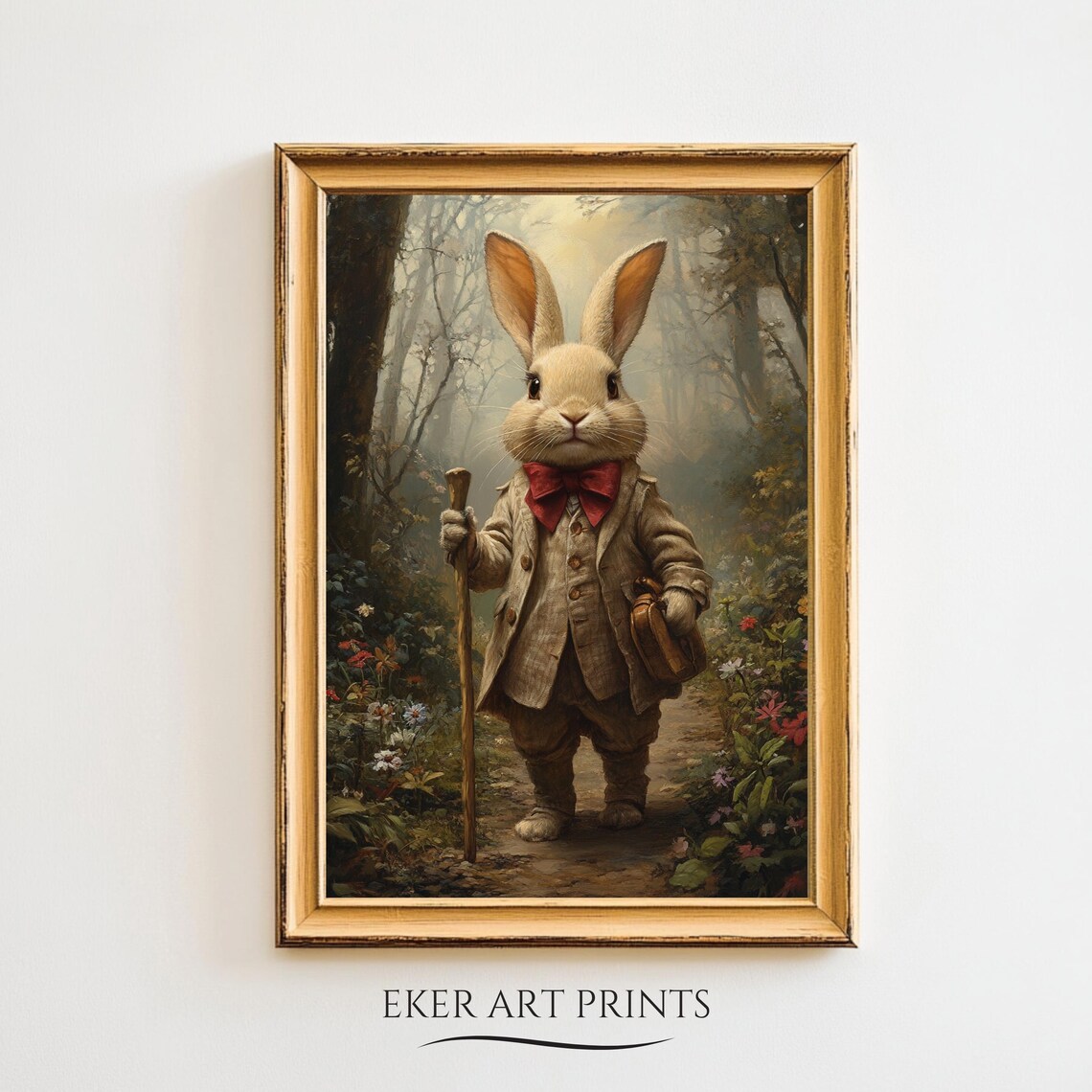 Cute Hiking Easter Bunny, Spring Forest Art Print