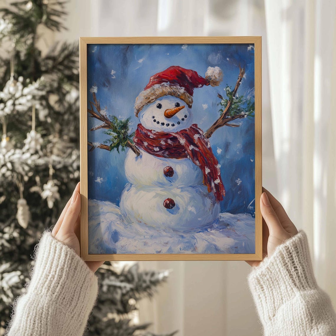 Christmas Snowman Red Santa Hat Scarf Snowy Blue Painting Art Print - Image 3