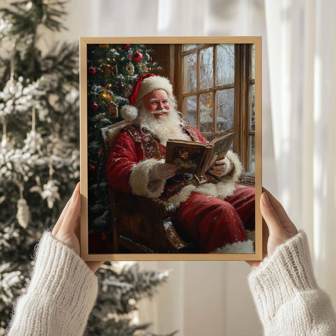 Santa Claus Reading Book By Window Christmas Tree Vintage Art Print - Image 3