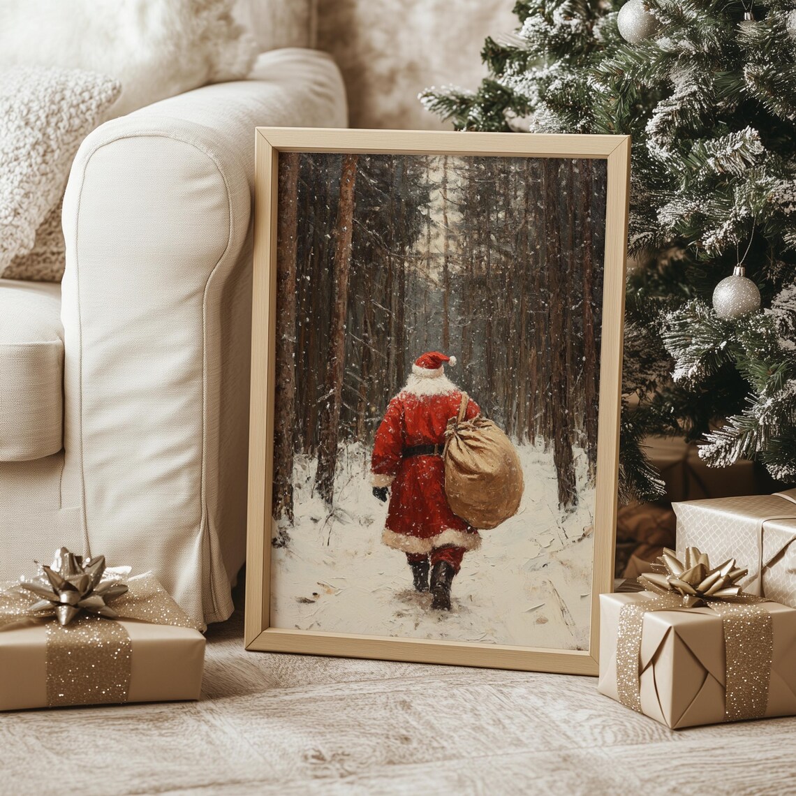 Santa Walking Snowy Forest Toy Sack Vintage Christmas Eve Art Print - Image 3