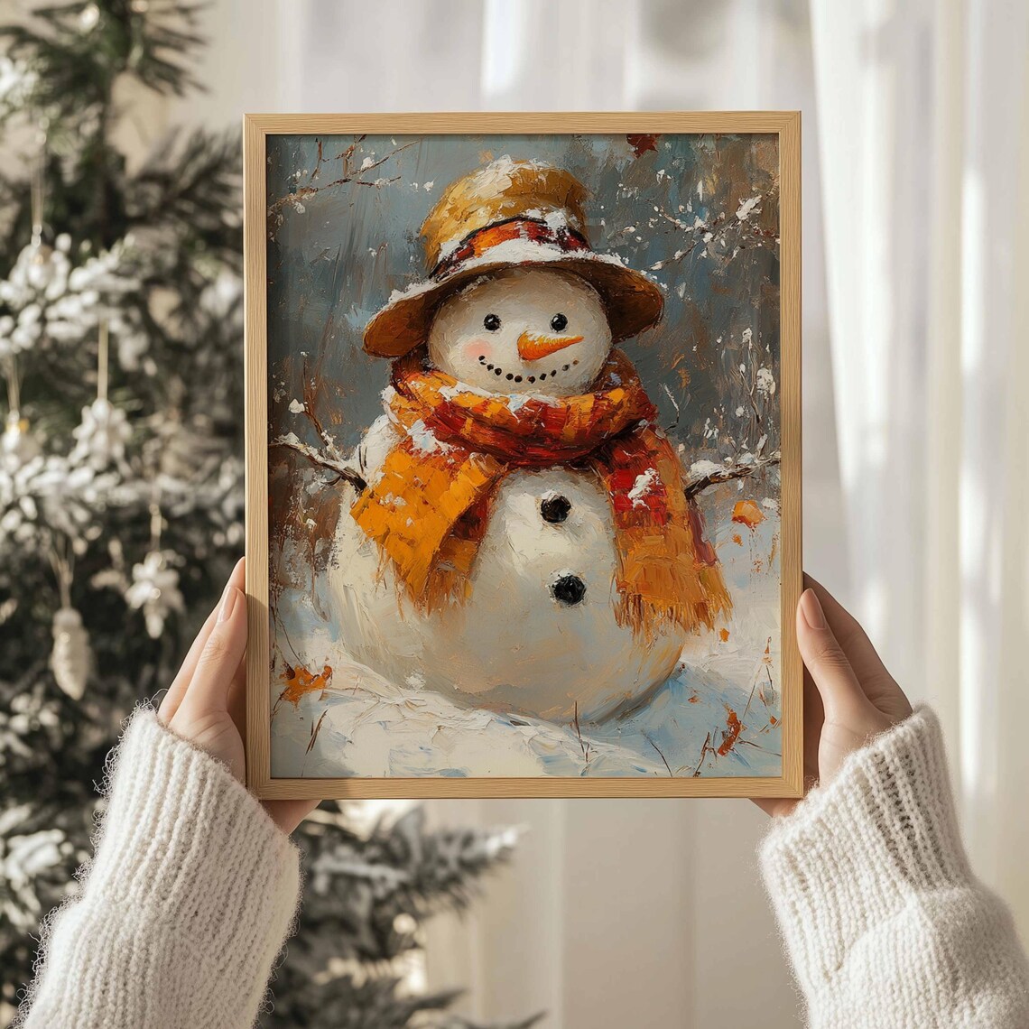 Snowman Orange Plaid Scarf Straw Hat Vintage Winter Painting Art Print - Image 3