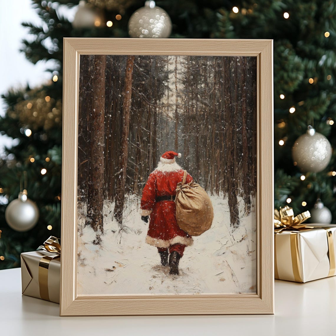 Christmas Wall Art Vintage Santa Oil Painting Snowy Landscape Art Seasonal Christmas Decor Christmas Print - Image 2