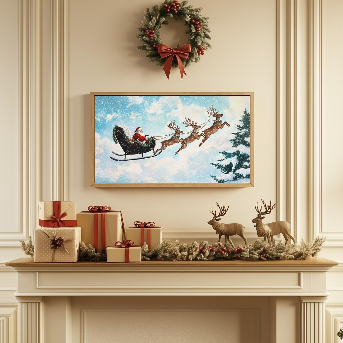 Santa Sleigh Flying Reindeer Snowy Sky Vintage Christmas TV Art Print - Image 2