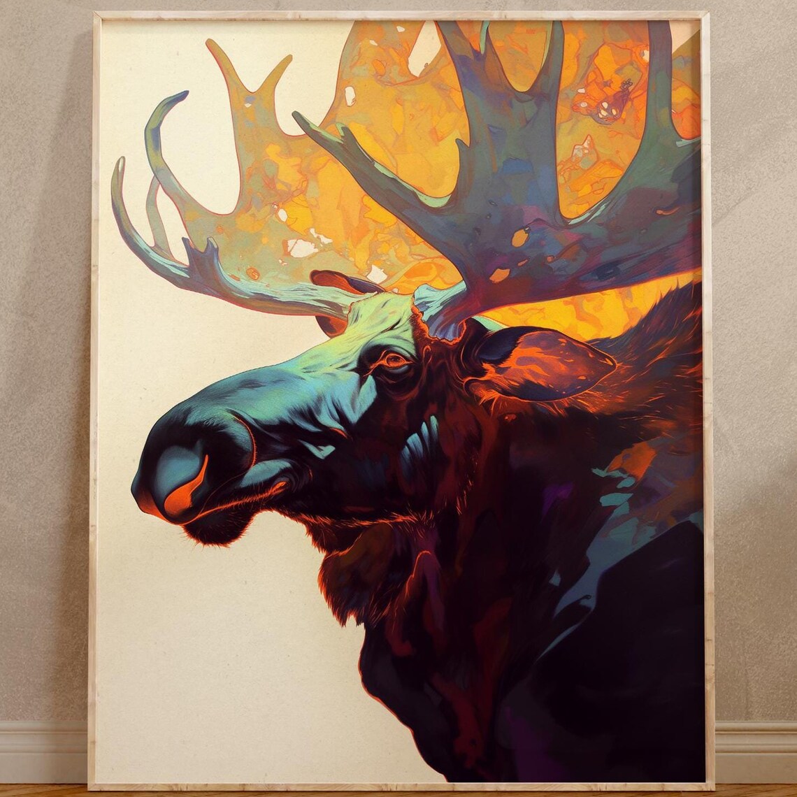 Moose Profile With Glowing Antlers in Dark Amber Forest Colors Poster