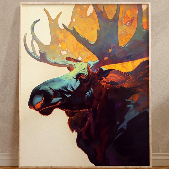 Moose Profile With Glowing Antlers in Dark Amber Forest Colors Poster