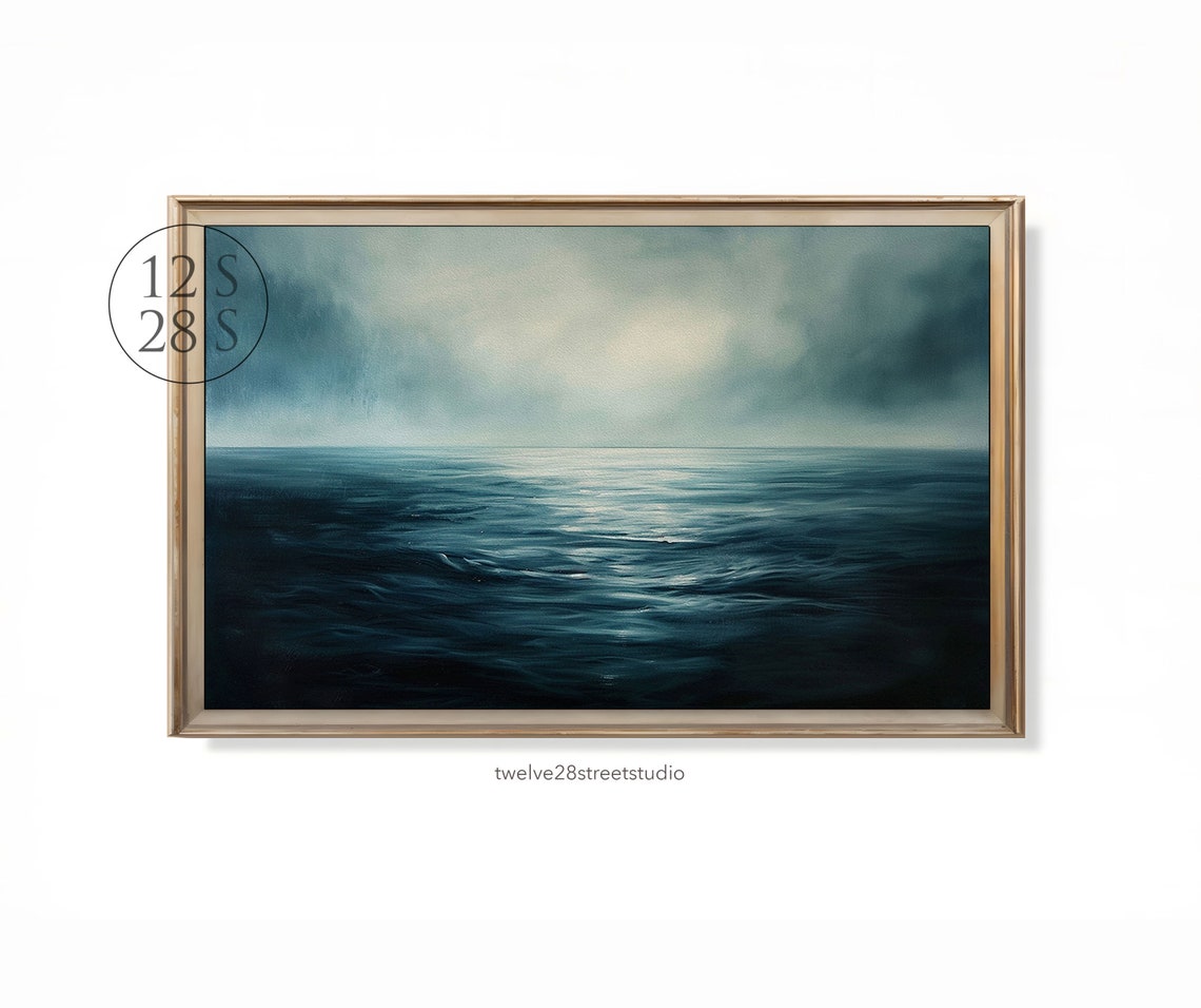 Dark Moody Ocean Seascape Stormy Waves Gray Blue Frame TV Wall Art