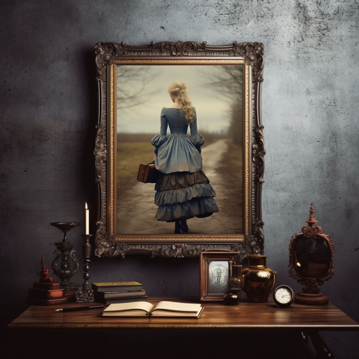 Dark Academia Traveling Woman Vintage Oil Portrait Moody Gown Poster - Image 2