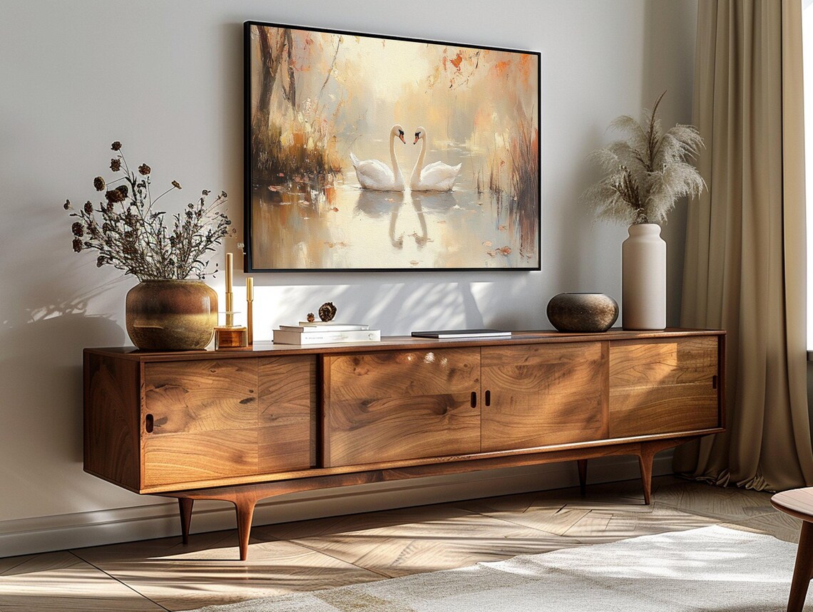 Two White Swans Golden Misty Lake Autumn Romance Painting Poster - Image 3
