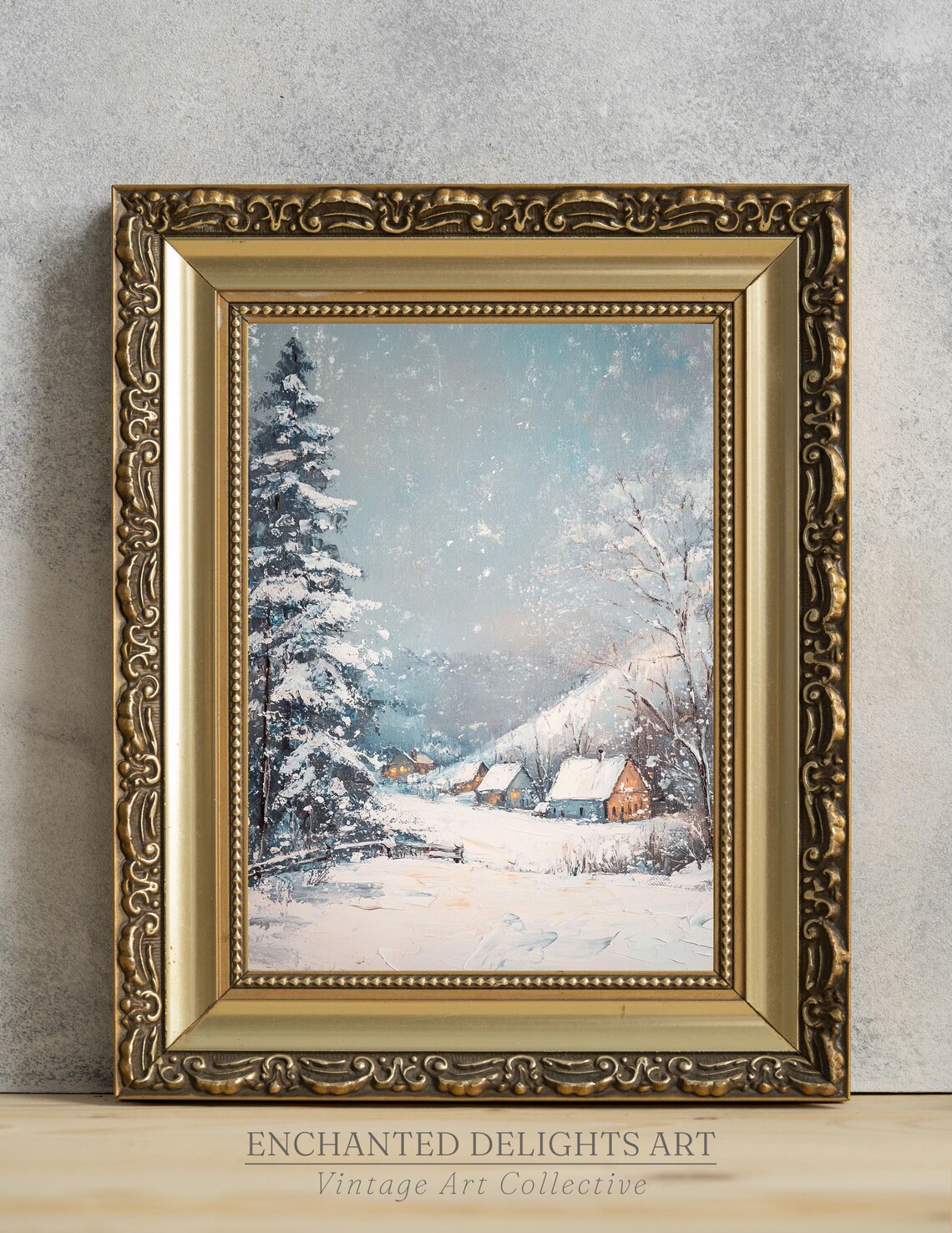 Snowy Christmas Village Cottages Falling Snow Vintage Painting Poster