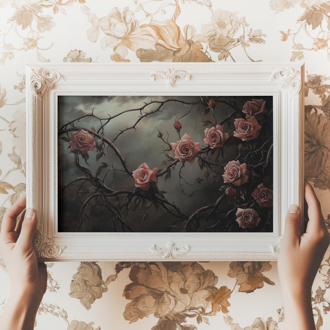 Pink Roses on Thorny Vines Against Dark Background Floral Art Print