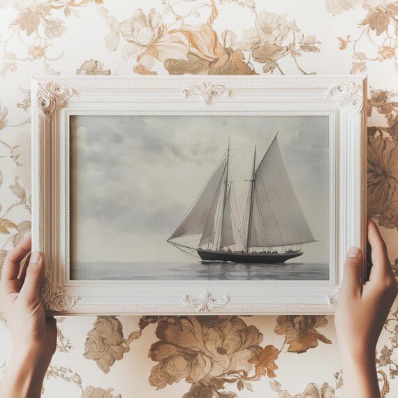 Classic Schooner Sailboat Calm Gray Sea Vintage Nautical Painting Poster