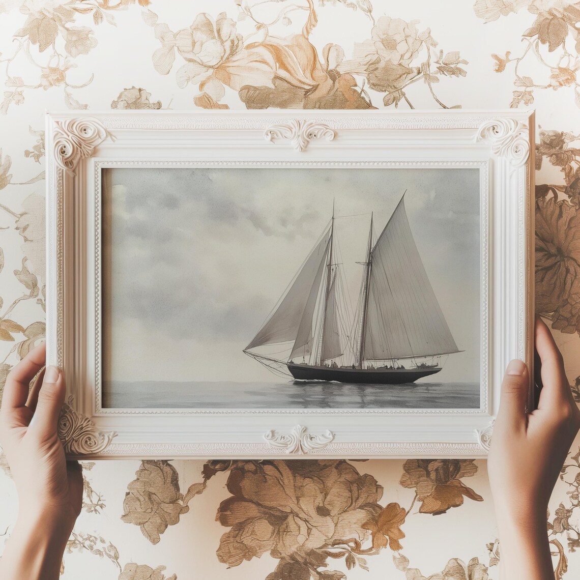 Classic Schooner Sailboat Calm Gray Sea Vintage Nautical Painting Poster