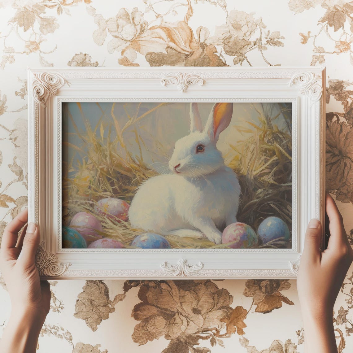 White Bunny with Colorful Painted Easter Eggs in Hay Art Print