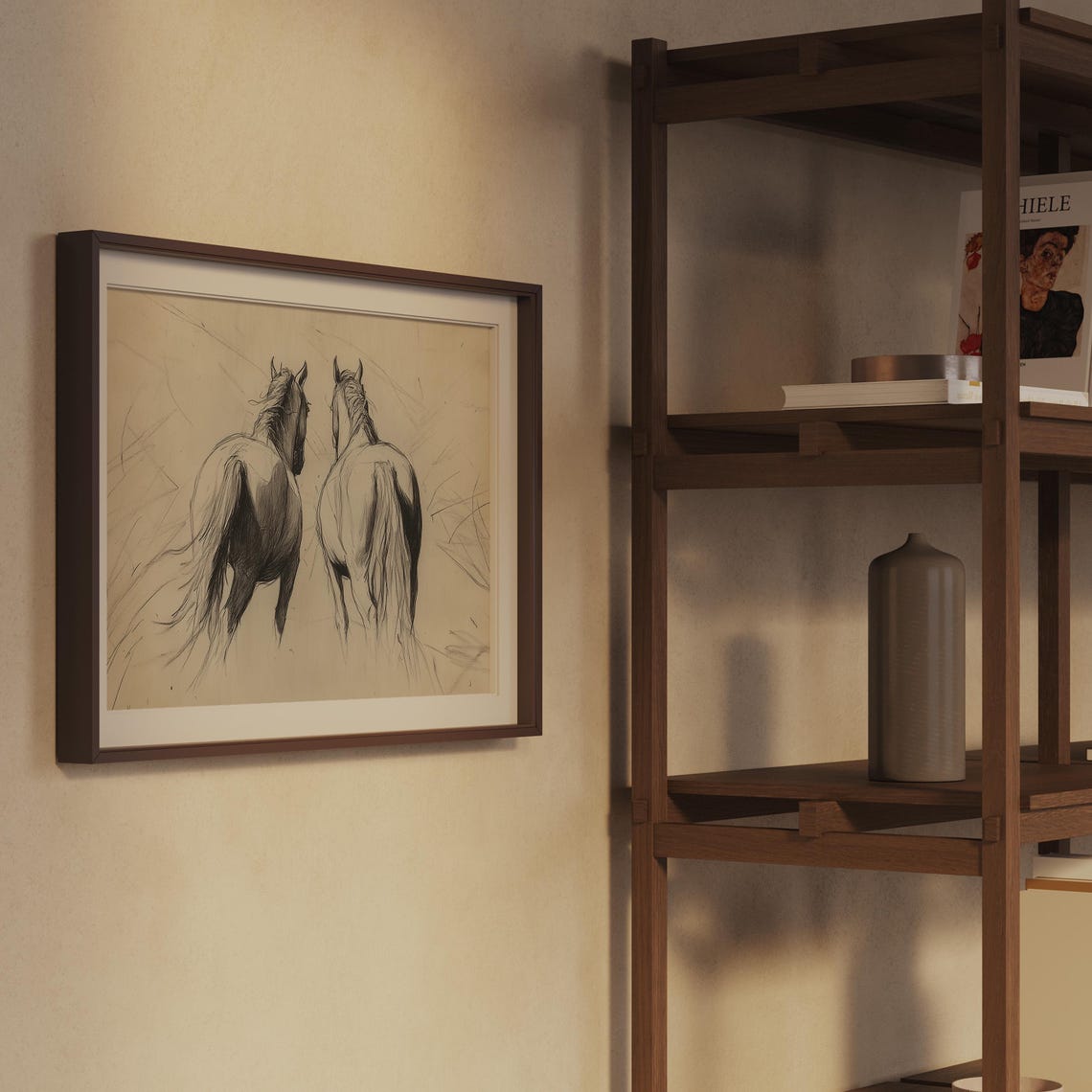 Two Horses Sketch Vintage Equestrian Charcoal Style Wall Art - Image 2