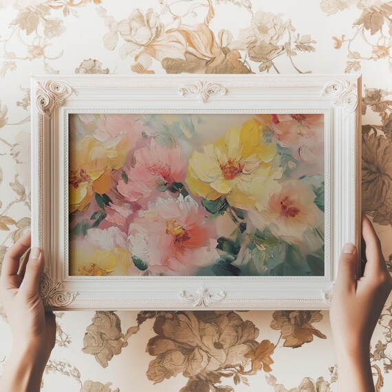 Colorful Peonies Impressionist Pink Yellow Floral Art Poster