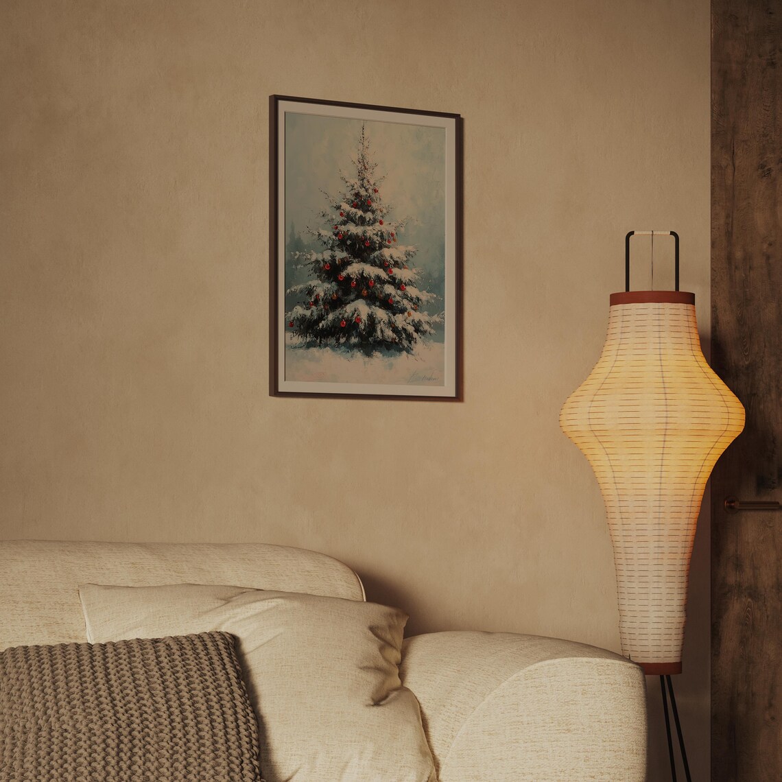 Snowy Christmas Tree With Red Ornaments Winter Painting Poster - Image 2