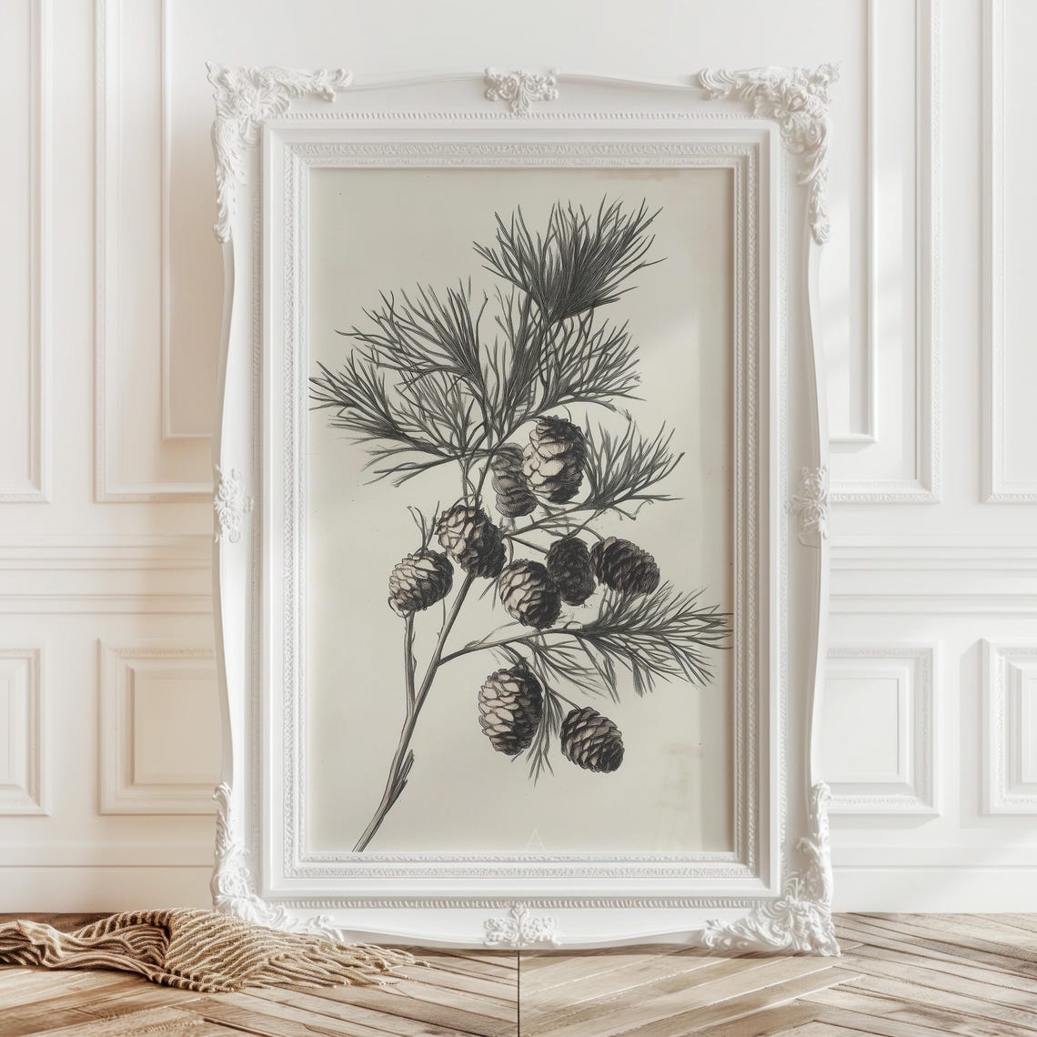 Pine Branch With Cones Monochrome Botanical Illustration Poster