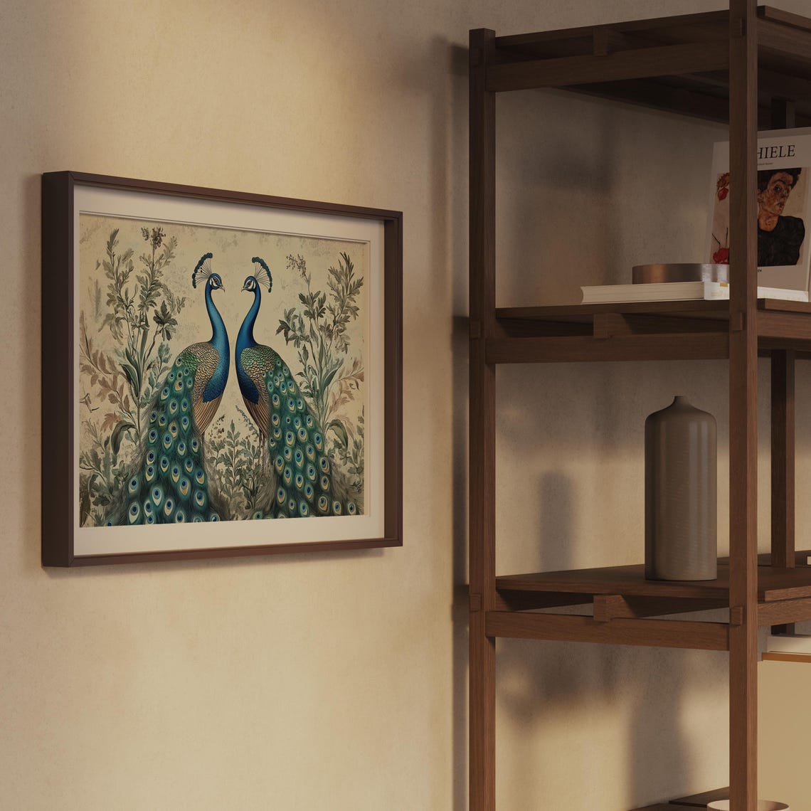 Two Peacocks Facing Vintage Botanical Bird Illustration Wall Art - Image 2