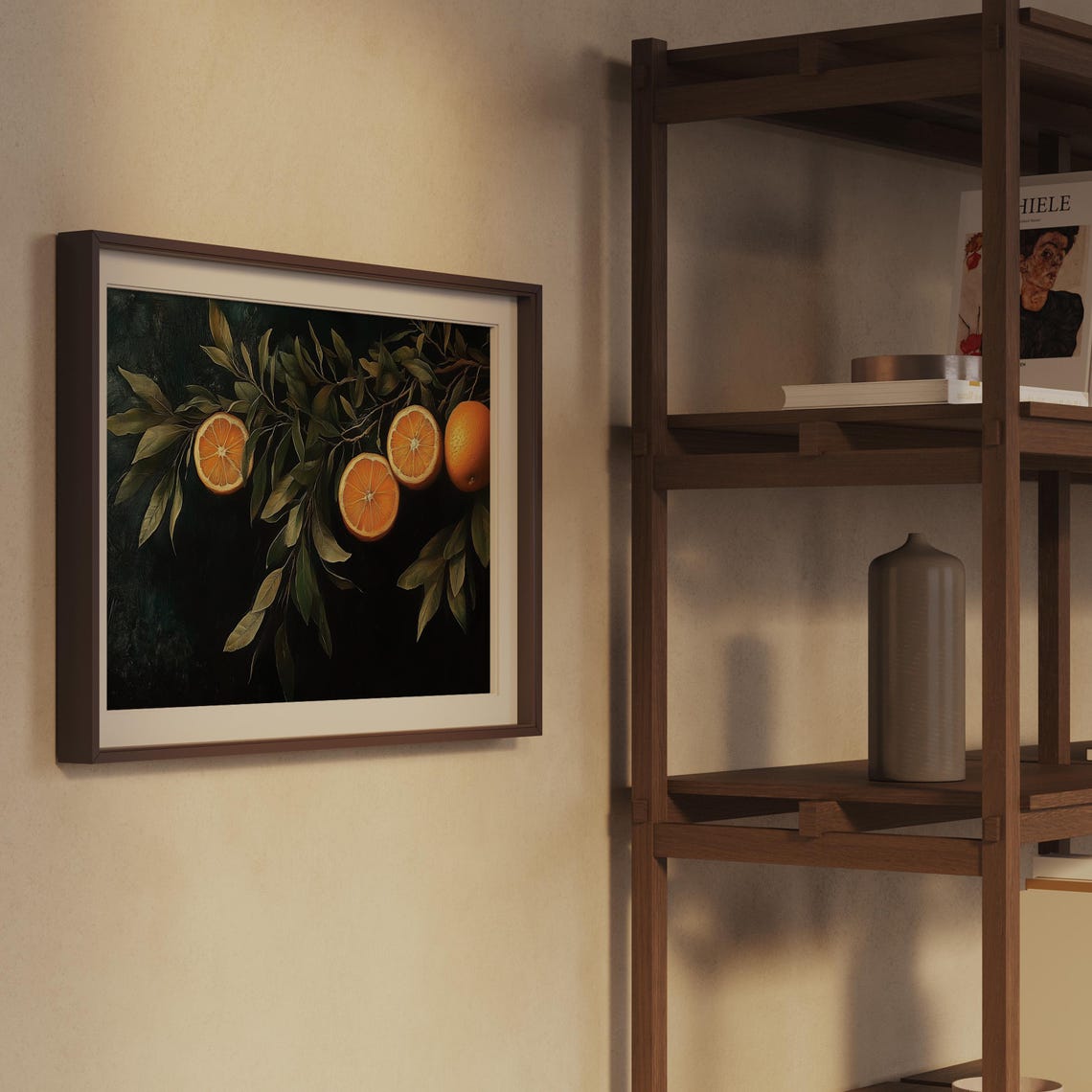 Orange Branch With Sliced Fruit Moody Dark Still Life Painting Poster - Image 2