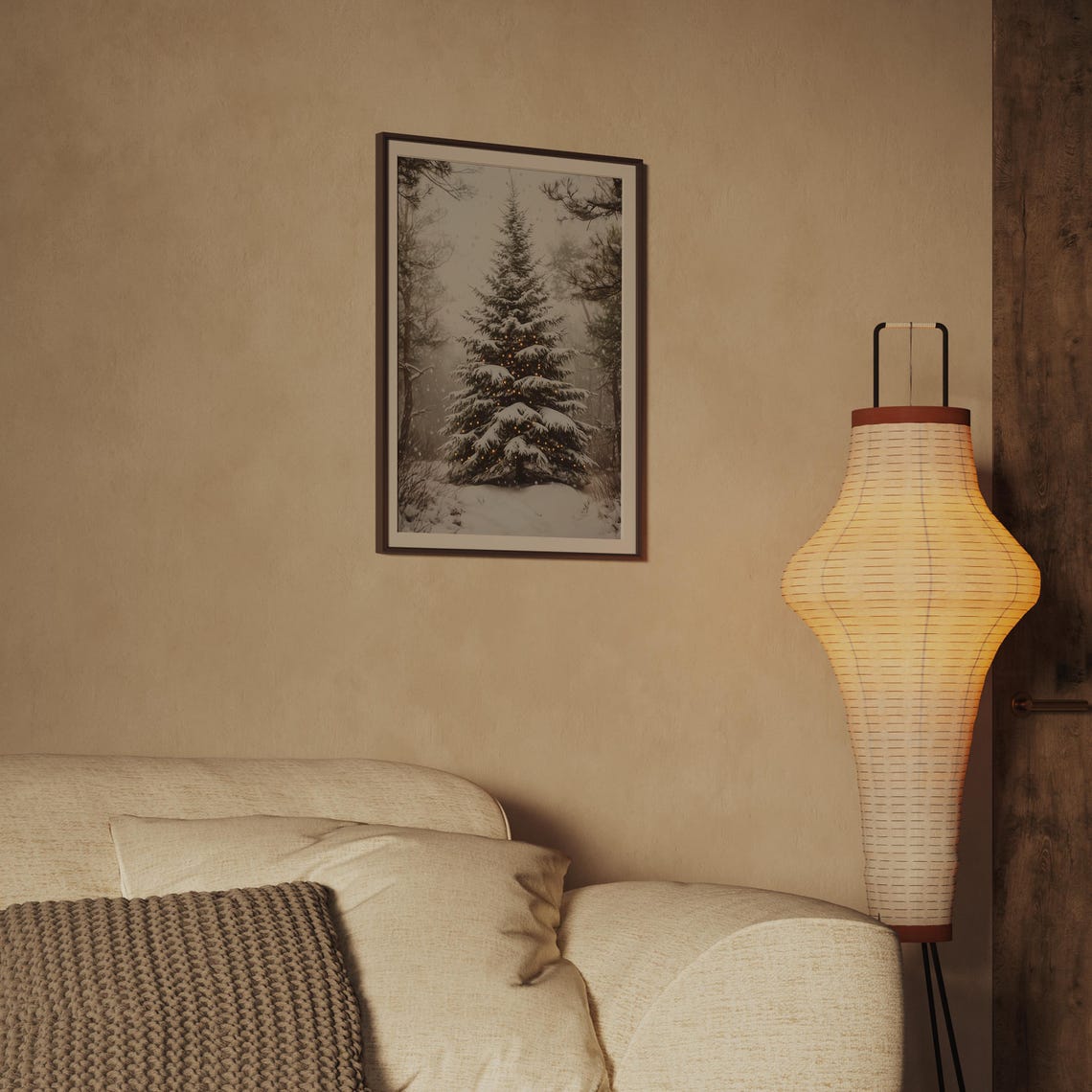Snowy Pine Tree with Warm String Lights Winter Scene Art Print - Image 2