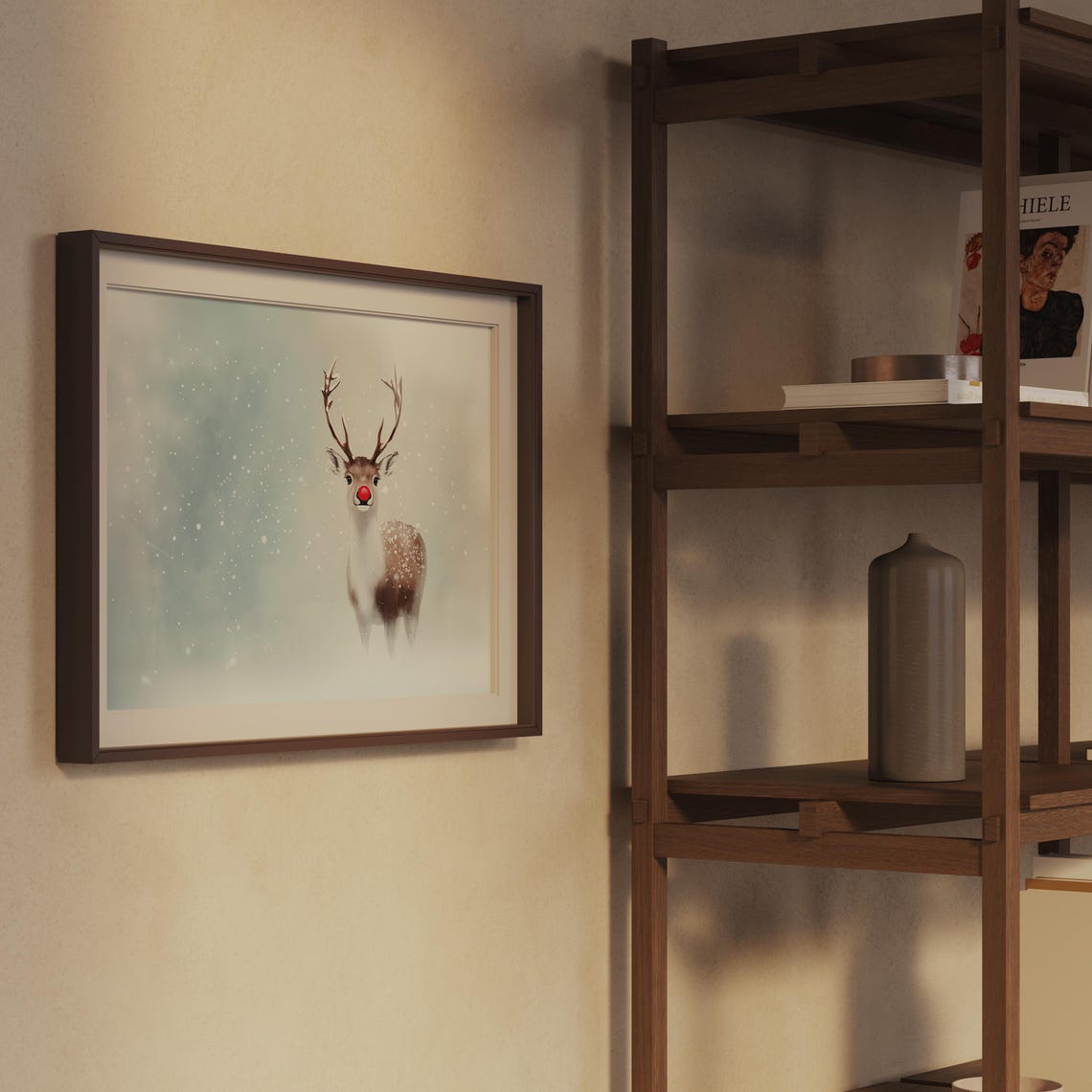 Cute Red Nosed Reindeer in Soft Snowfall Minimalist Christmas Poster - Image 2
