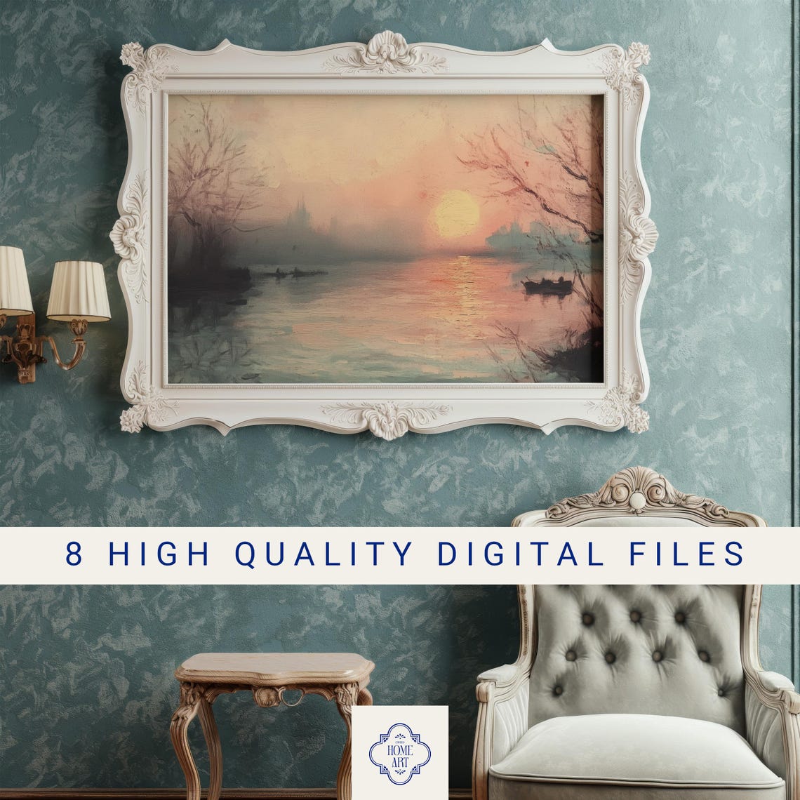 Golden Sunset Over Calm Lake Vintage Landscape Painting Poster - Image 3