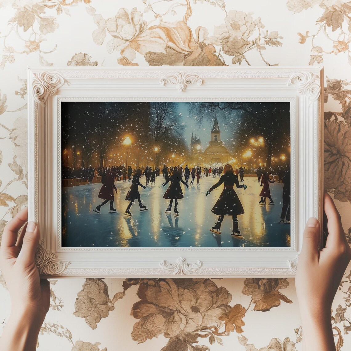 Night Ice Skating On Frozen Pond Winter City Scene Painting Poster