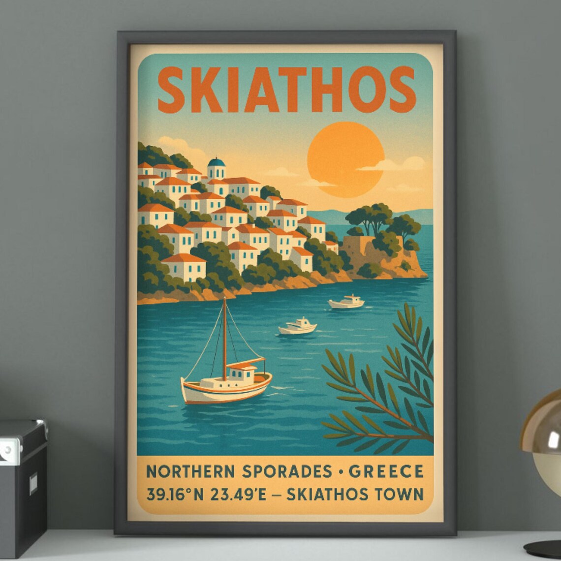 Skiathos Greece Vintage Travel Poster Aegean Island Harbor Boat Scene