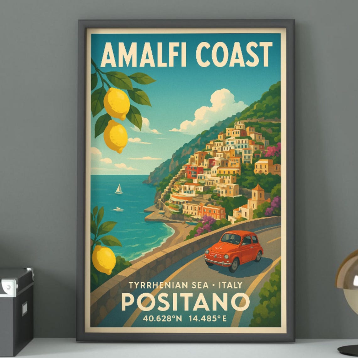 Positano Village Amalfi Coast Cliffside Italy Vintage Travel Poster
