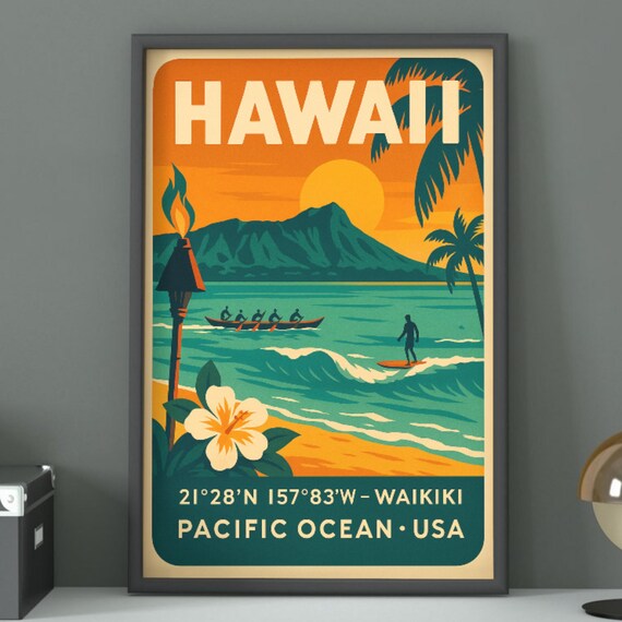 Hawaii Waikiki Vintage Travel Surf Beach Sunset Retro Poster