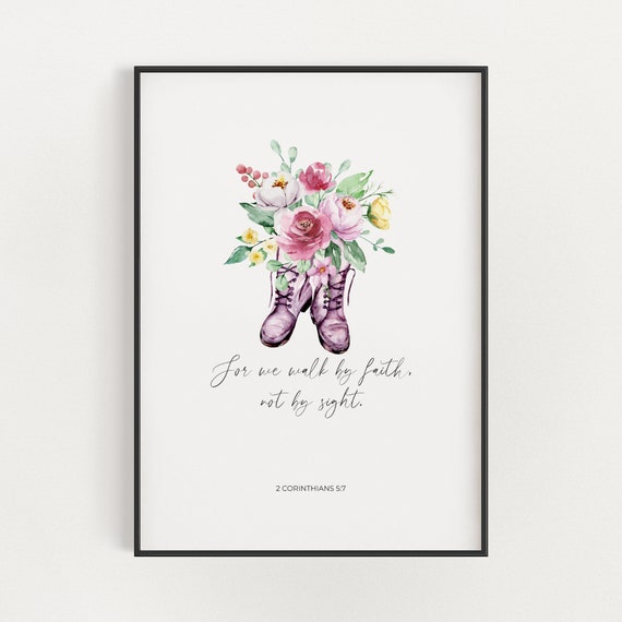 2 Corinthians 57 For We Walk By Faith And Not By Sight Christian Nursery Scripture Wall Art Watercolor Pink Floral Bible Verse