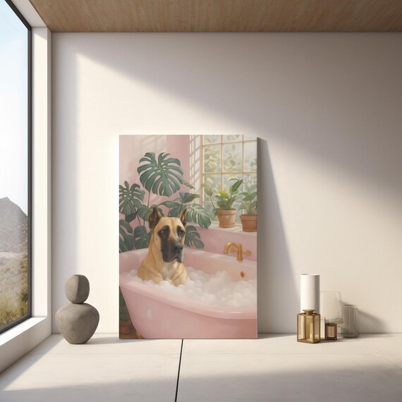 Great Dane Pink Bubble Bath Tub Funny Modern Pet Bathroom Wall Poster