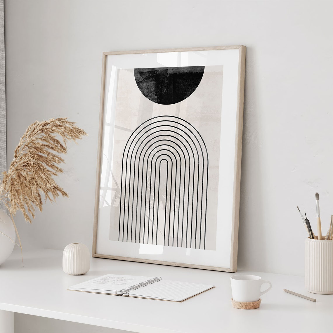 Boho Abstract Arch Lines Black Circle Minimal Beige Wall Poster - Image 2