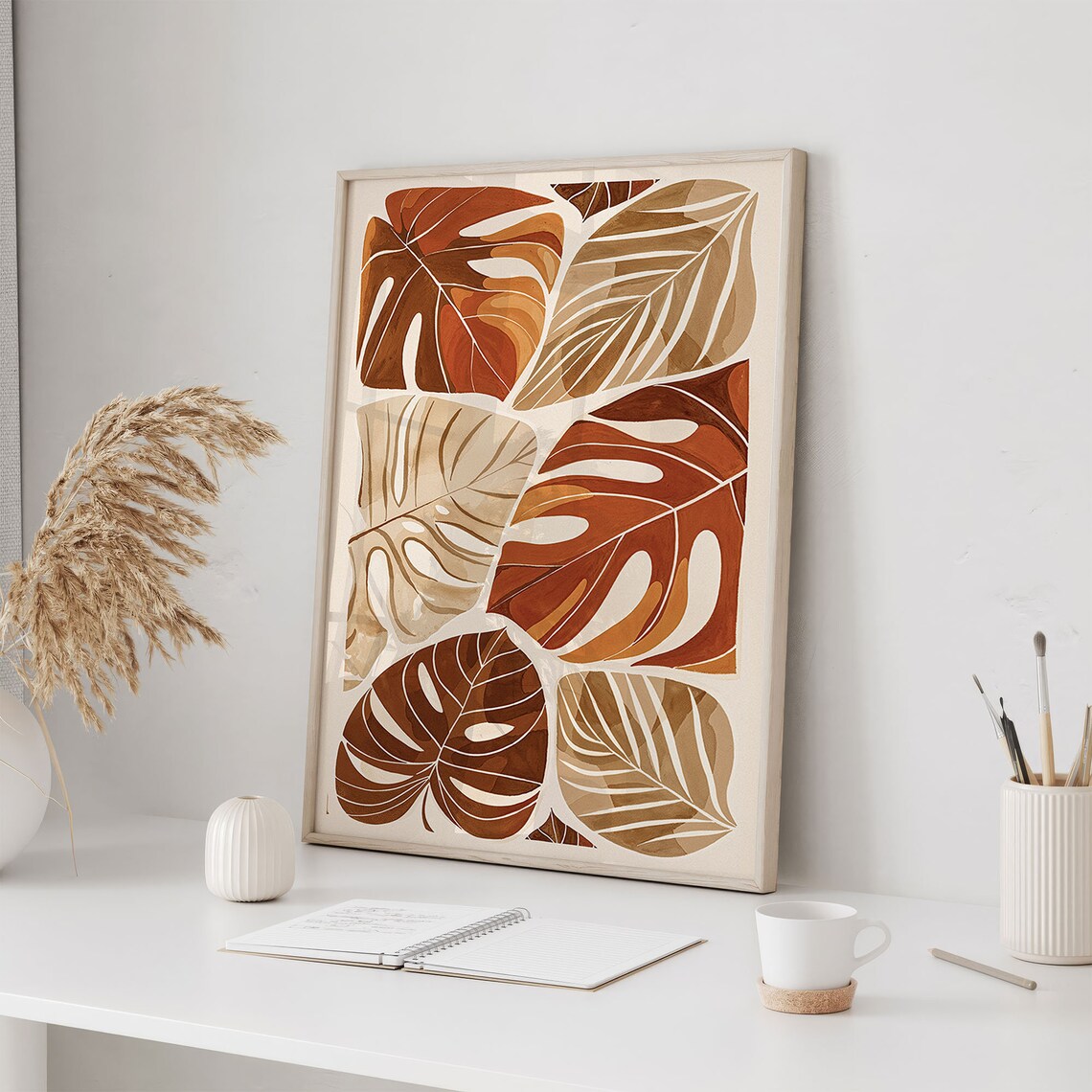 Autumn Leaves Watercolor Monstera Burnt Orange Scandi Botanical Poster - Image 3
