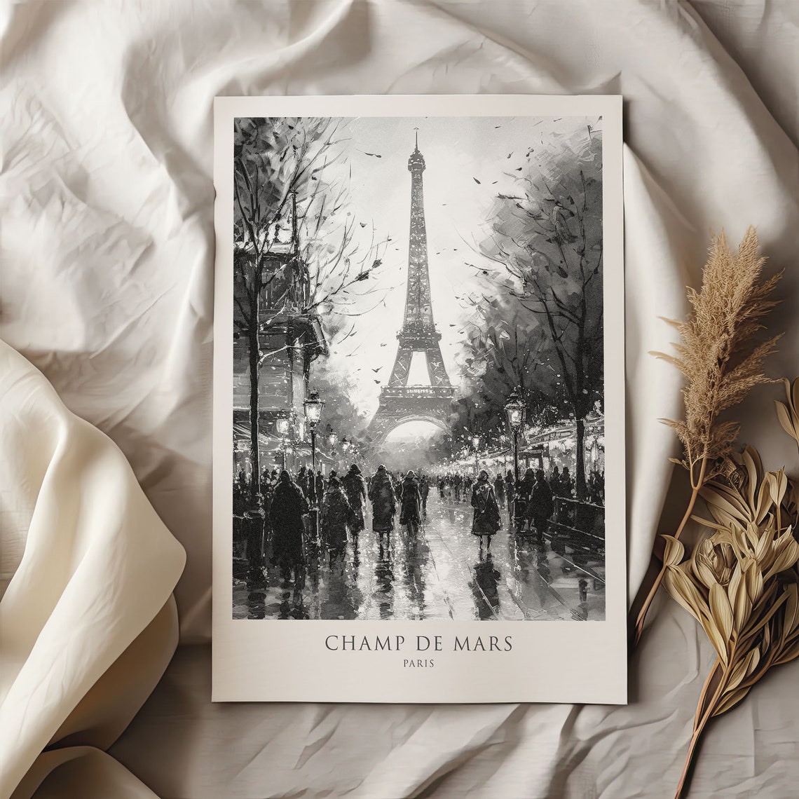 Champ de Mars Paris Eiffel Tower Black White Watercolor Poster