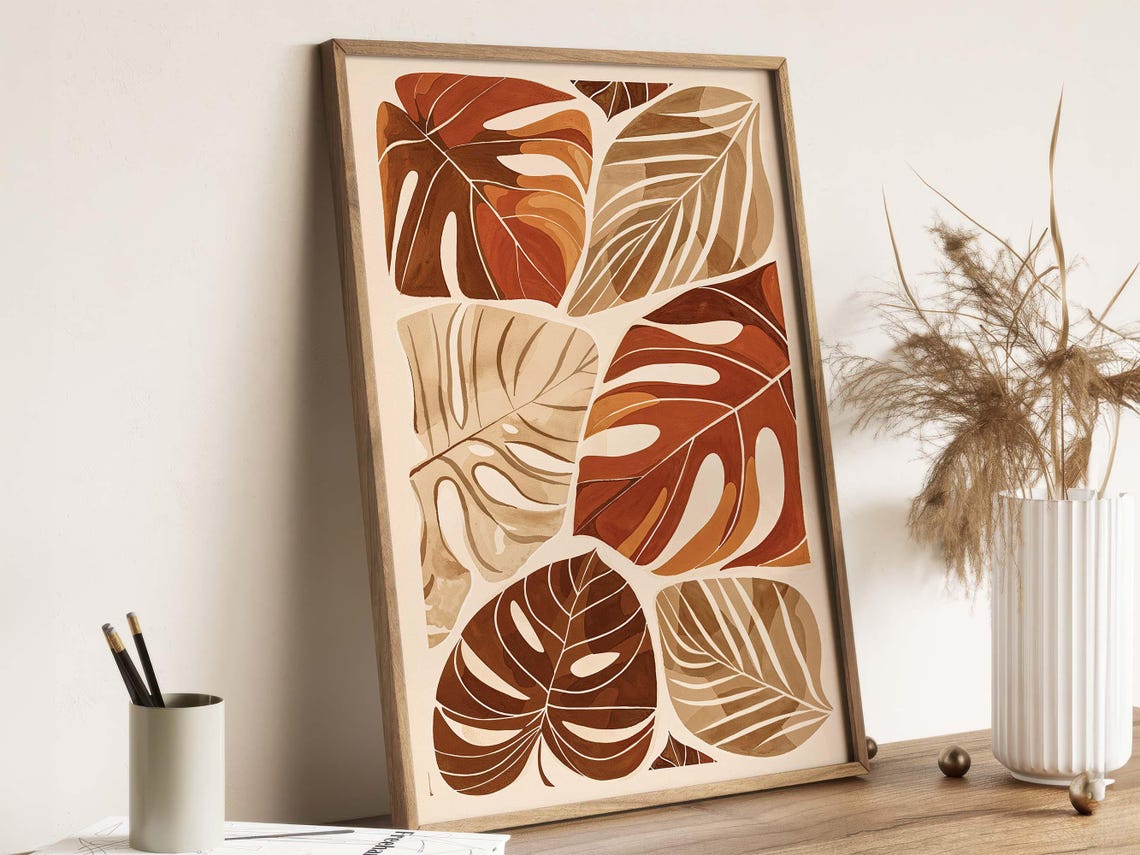 Autumn Leaves Watercolor Monstera Burnt Orange Scandi Botanical Poster