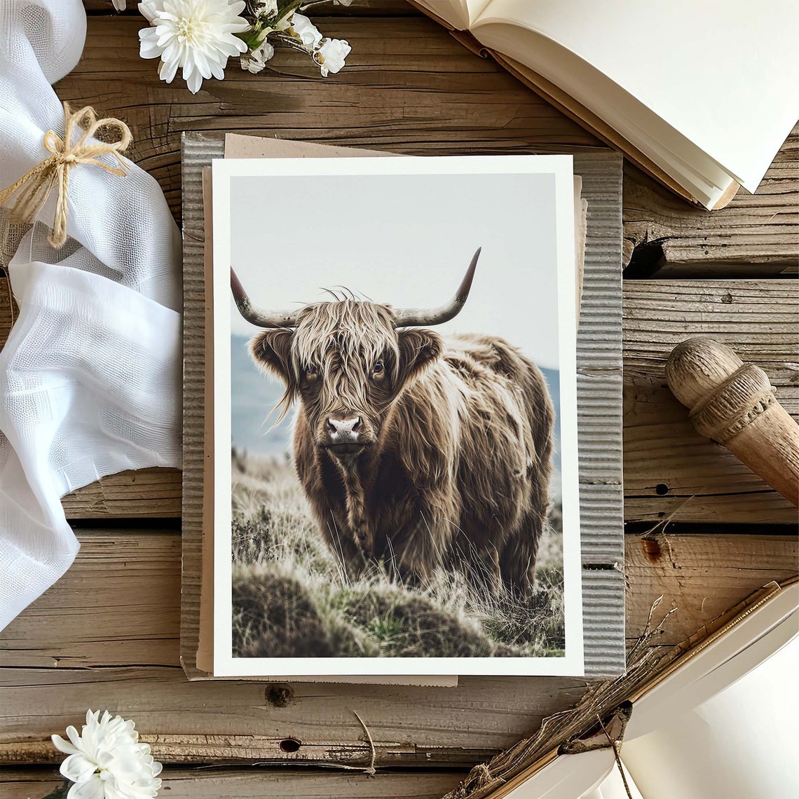 Scottish Highland Cow Standing in a Misty Pasture Meadow Poster - Image 2