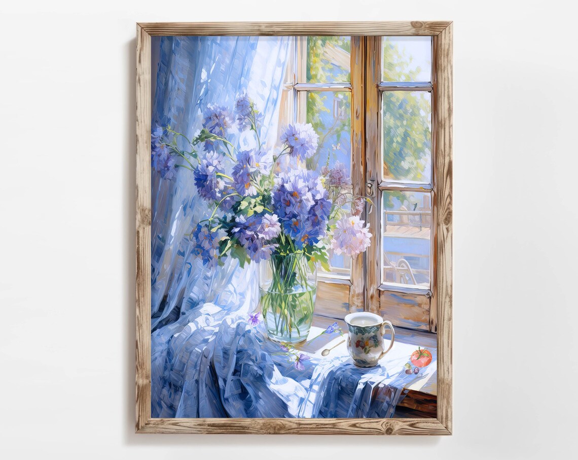 Purple Flowers In Glass Vase Sunny Window Impressionist Floral Poster