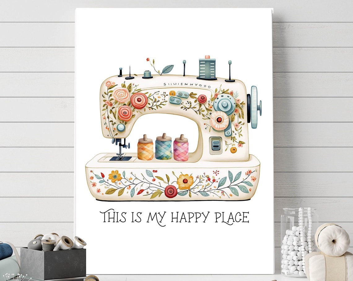 This Is My Happy Place Floral Sewing Machine Craft Room Quote Poster