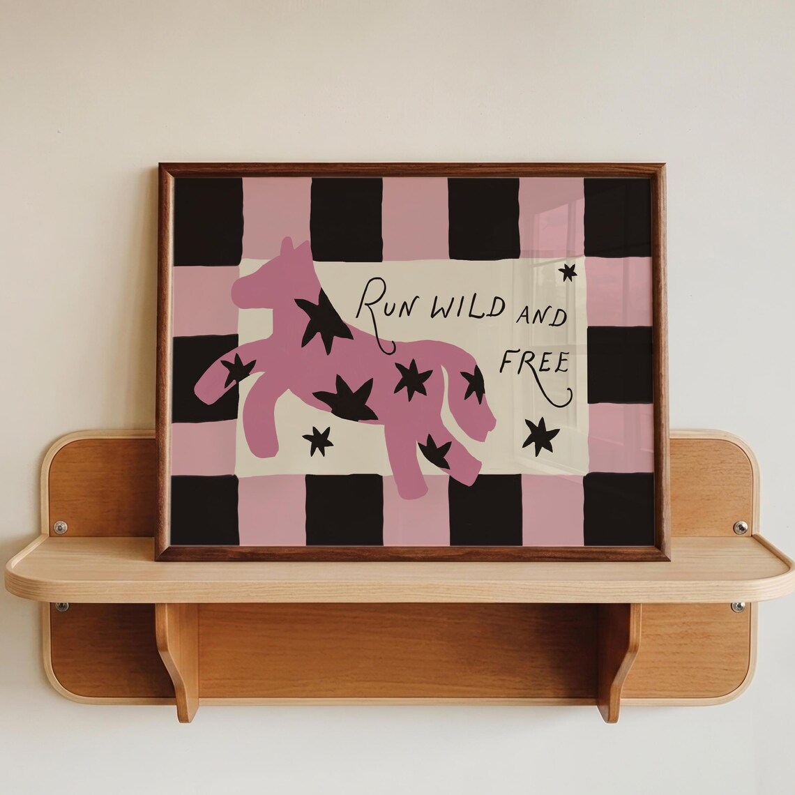 Run Wild and Free Pink Horse Checkered Kids Nursery Art Poster