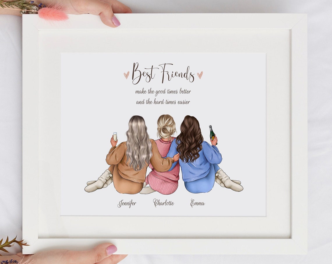 Best Friends Personalized Print Custom 3 Friend Prints Three Best Friends Gift Picture Sisters Illustration Bff Custom Gift - Image 2
