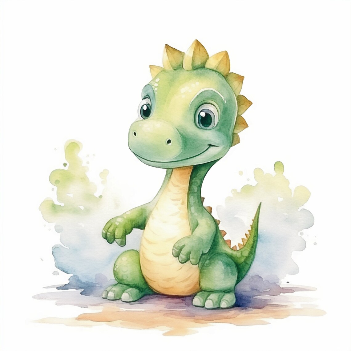 Smiling Baby Dinosaur Watercolor Splash Green Nursery Wall Art