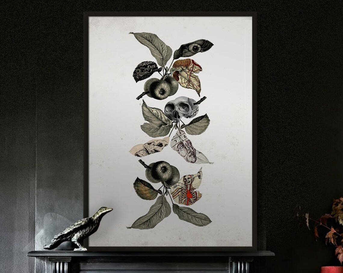 Botanical Skulls White Boho Gothic Art Print