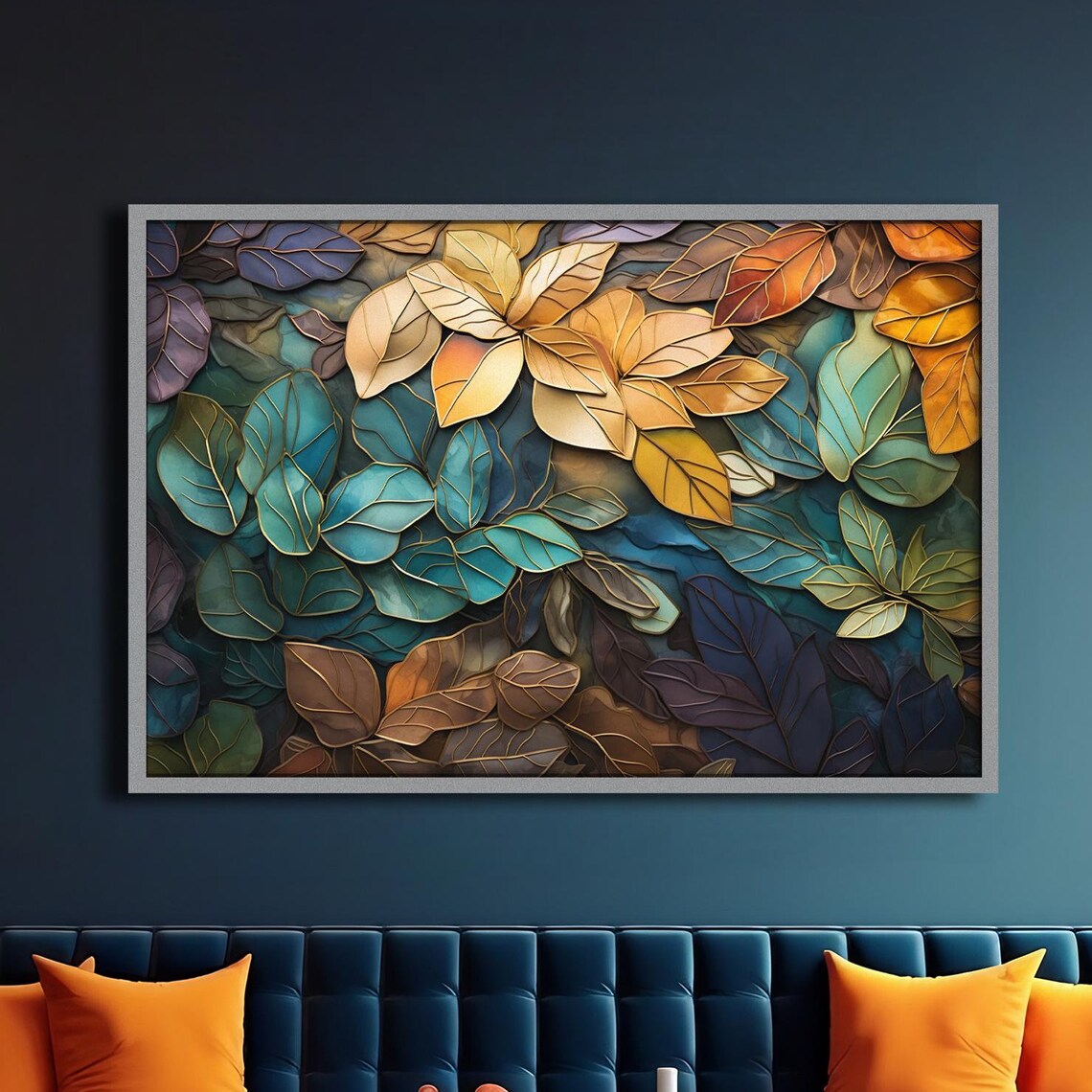 Abstract Leaf Art Print, Green Brown Gold Teal