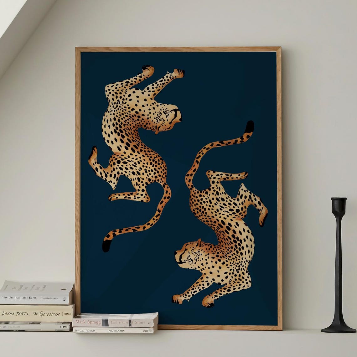 Cheetah Pair Leaping Leopard Art On Navy Blue Maximalist Poster