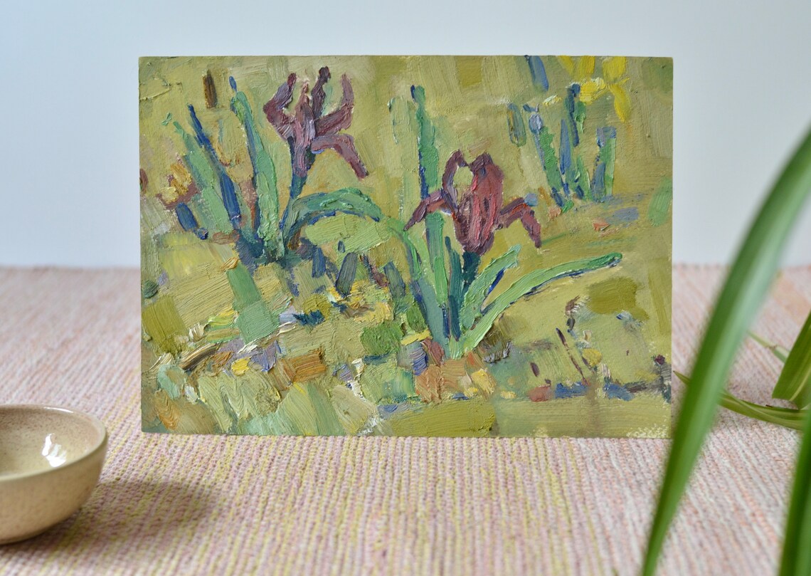 Burgundy Irises Blooming On Green Grass Spring Floral Wall Art
