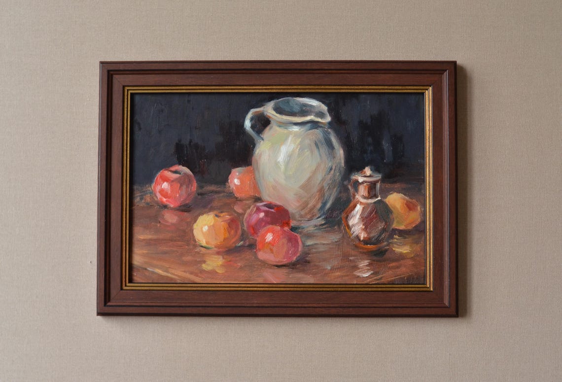 Dark Moody Still Life With White Jug And Colorful Apples Wall Art