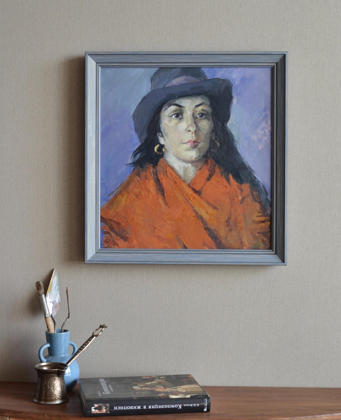 Original Framed Portrait Oil Painting Portrait Of A Young Woman Wearing A Hat And A Gold Earring Impressionist Wall Art European Fine Art - Image 4